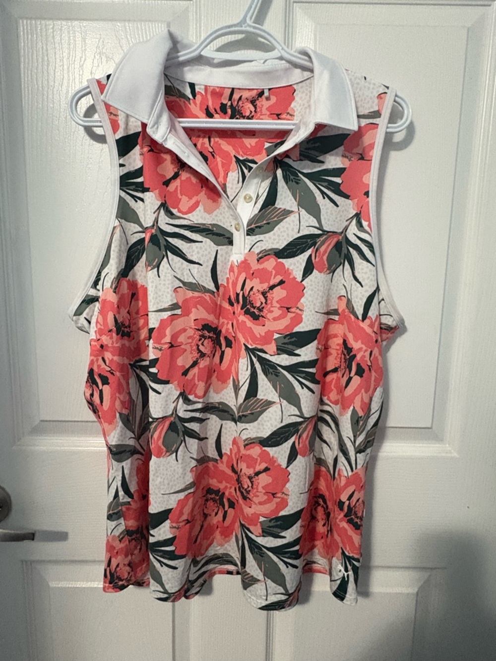 Puma White Tank Top with Coral Floral Print | EUC | Size XL